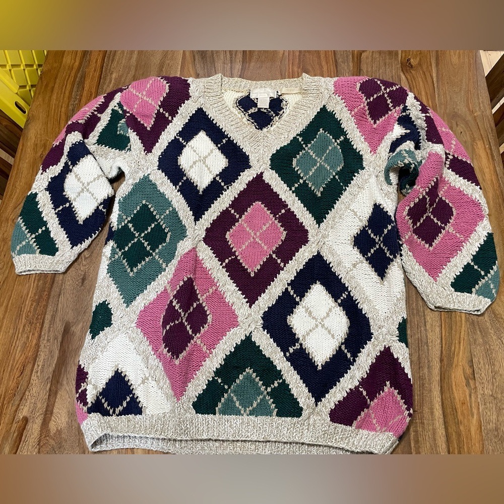 Paris Sport Club Argyle V Neck Knit Sweater‎ Women's Large Multi Color